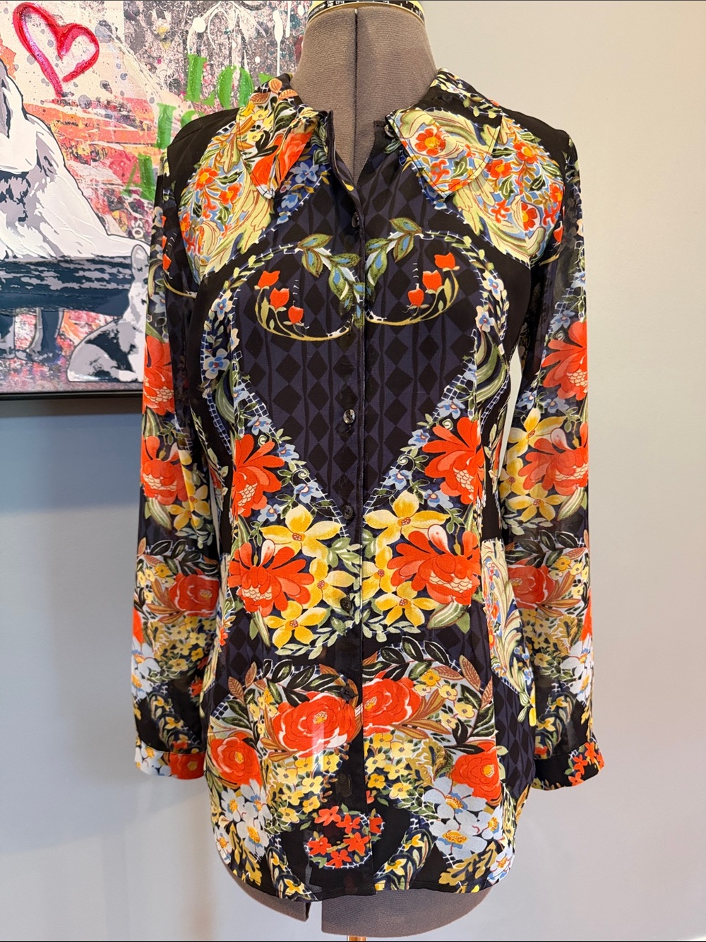 CAbi Black Button-Front Blouse with Red & Yellow Floral Print